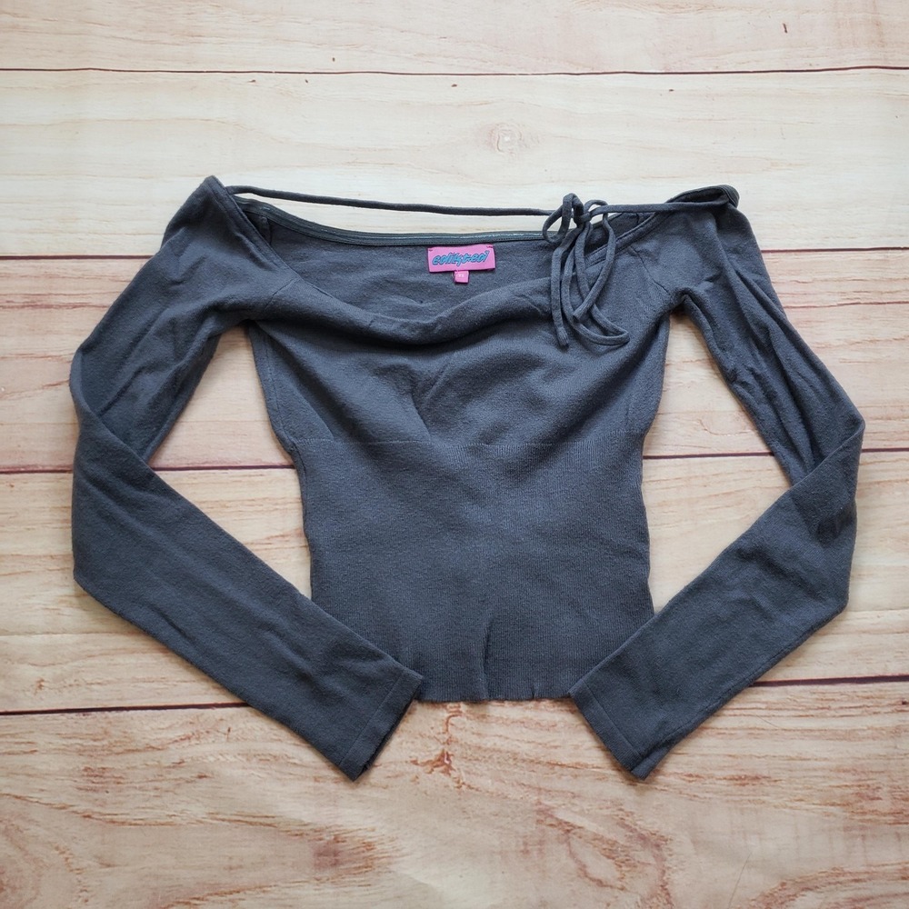 Edikted Shirt Womens XS Gray Boat Neck Pullover Raglan Sleeve Strap Slim-Fit Top